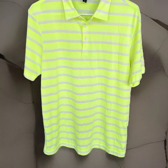 Miami Hurricanes Adidas Striped Logo Golf Polo Shirt Sz M Neon Grn Light Purple - Picture 5 of 11